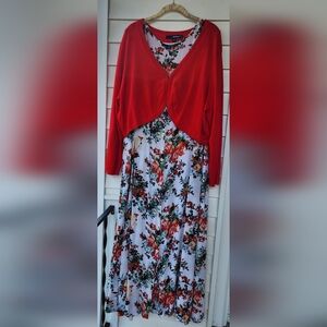 Floral Print Long Dress with Red Lightweight Coverup with Neat Bow in back 1X